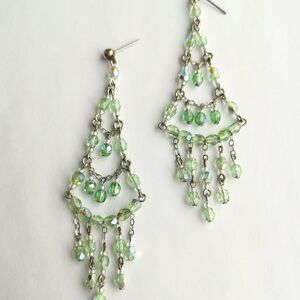 Vintage Czech beaded shoulder duster chandelier earrings light Green